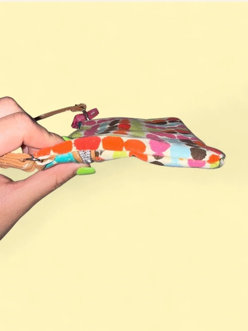 Vintage Y2K Lily Bloom Teal Top Multicolor Dot Wristlet with Tan Strap